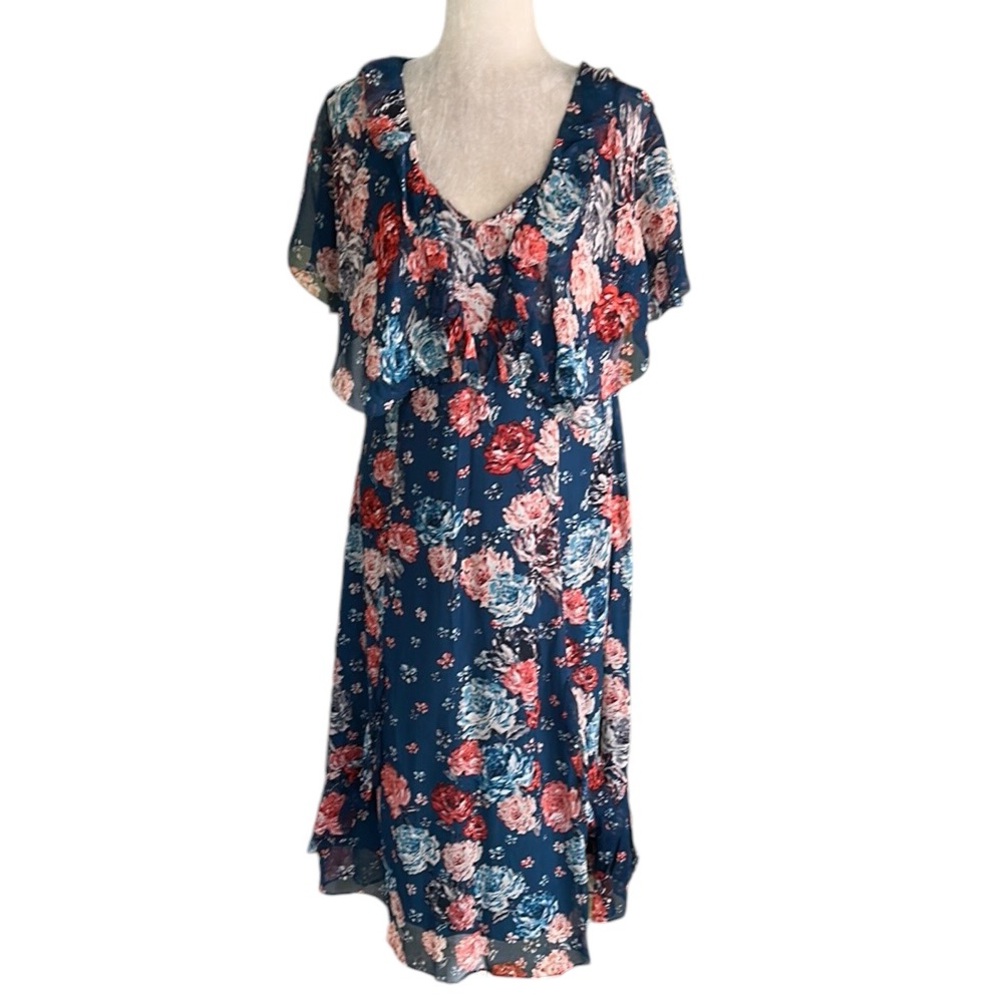Sundance Silk Crinkly Chiffon Navy Blue Floral Print Ruffle Midi Dress - 14